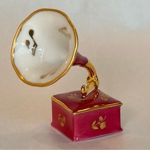 Vintage Limoges France Gramophone Dark Pink & Gold Hand Painted 2.75" Miniature